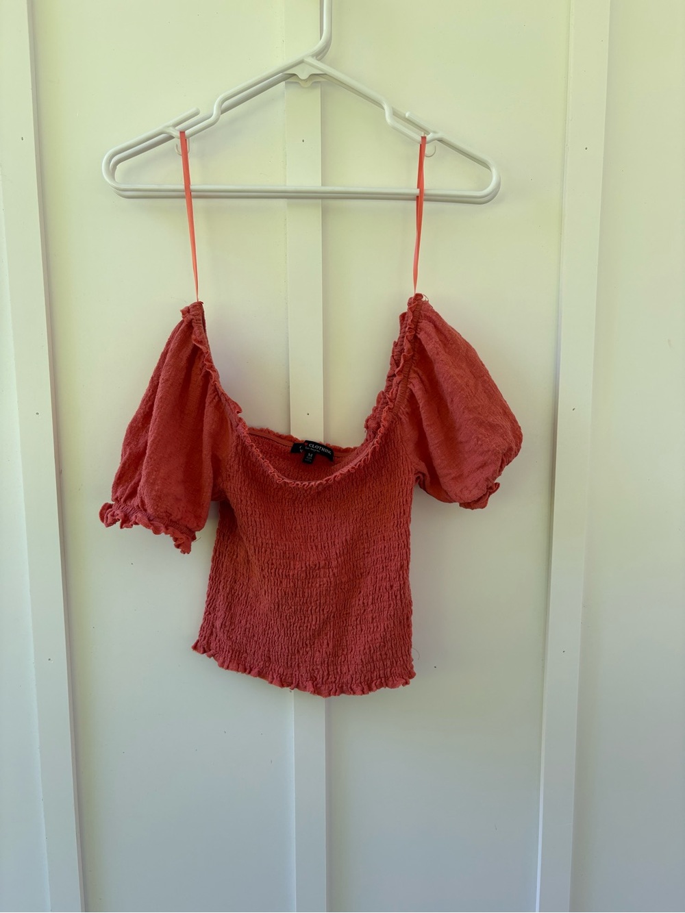 one clothing Coral Smocked Off-Shoulder Crop Top with Puff Sleeves